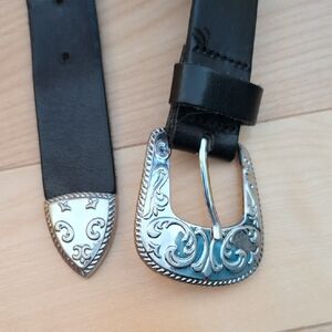 Simons Black Leather Belt with Ornate Silver Buckle
